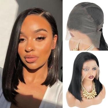 Imagem de Mihugass Peruca Bob de 35,5 cm de cabelo humano 33 x 15 cm HD transparente frontal perucas pré-arrancadas com cabelo de bebê, perucas sem cola, densidade de 200%, renda reta para mulheres #1 cor preta