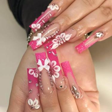 Imagem de RTKHFZE Pregos postiços quadrados longos com design de flores e strass, unhas postiças, rosa e nude, 24 peças