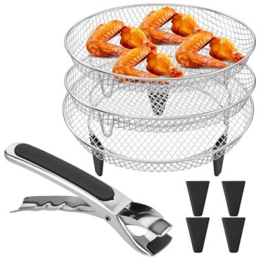 Imagem de Prateleiras redondas de 20 cm, cesta de fritadeira a ar para forno, grelha empilhável redonda com braçadeira, cesta de fritadeira a ar de aço inoxidável, bandeja antiaderente para fritadeira a ar