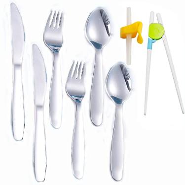 Imagem de Enwinner Conjunto de talheres infantis, garfo e colher, colheres de bebê que se alimentam sozinhas com canudos, pauzinhos infantis (prata)