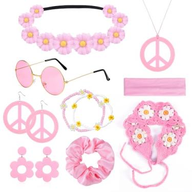 Imagem de FEYIR Conjunto de acessórios de fantasia hippie dos anos 60 e 70 para mulheres, acessórios de sinal de paz para discoteca, Halloween, cosplay, roupa hippie