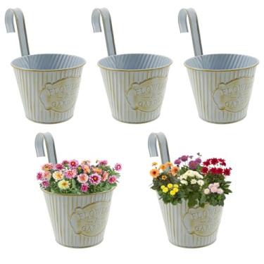Imagem de DJAPWPX Pacote com 5 plantadores suspensos, trilhos de varanda de 9 cm, plantadores de cerca de balde de metal, vasos de flores pendurados para plantas ao ar livre, vasos de flores, trilhos, varanda e