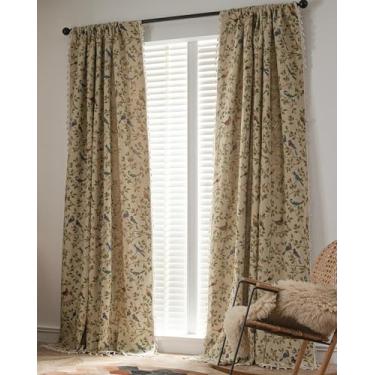 Imagem de vctops Cortinas Farmhouse Bird com borlas conjunto de 2 painéis Jacquard semitransparentes cortinas de janela com bolso de haste para sala de estar/quarto (bege, 159,9 cm x 259,1 cm)