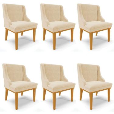 Imagem de Kit 6 Cadeiras Estofadas para Sala de Jantar Base Fixa de Madeira Castanho Lia Suede Bege - Ibiza