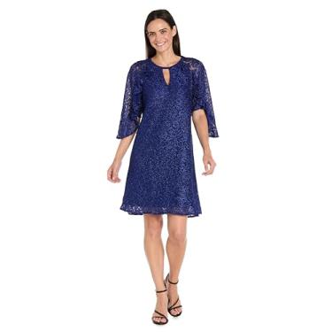 Imagem de R&M Richards Vestido feminino de renda brilhante evasê com mangas de babados e detalhe de fechadura - elegante vestido de coquetel na altura do joelho, Índigo, 50