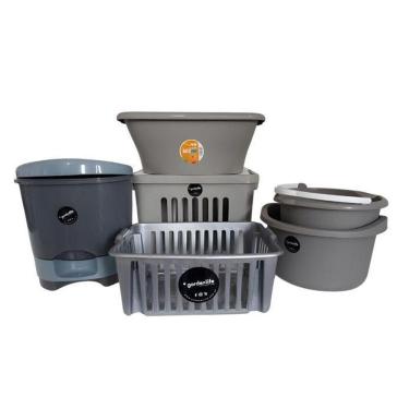 Imagem de Kit Utilidades De Casa Cinza - Lixeira Bacias Cestas E Balde
