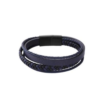 Imagem de Bracelete Aço 20Cm Couro Azul Tira Trançada Azul E Preto