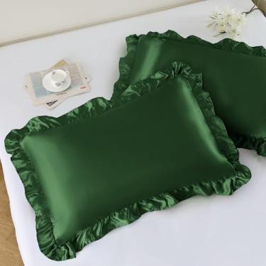 Imagem de NSGZ Conjunto de 2 fronhas de cetim com babados, fronhas sedosas de tamanho padrão para cuidados com o cabelo e a pele, fronhas de cetim verde com fecho de envelope, fronhas antirugas para decoração