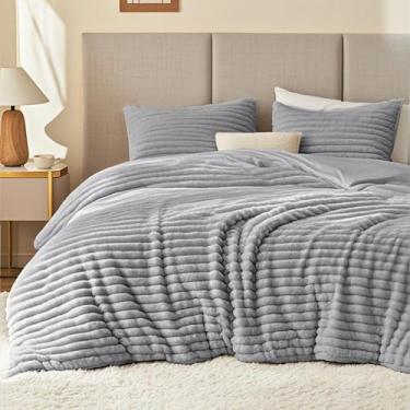 Imagem de EXQ Home Conjunto de edredom fofo de jacquard listrado de pele sintética supermacia, 3 peças, conjunto de cama quente de inverno, 1 edredom com 2 fronhas