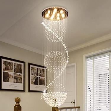 Imagem de Luminária pendente moderna LED, lustre de cristal longo, luminária de luxo, luminária moderna grande de LED para escada, luminária de cristal com lustre compatível com saguão de sala de esta