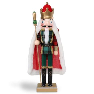 Imagem de Vipush Soldado Quebra-Nozes de Madeira de Natal – 38 cm O Rei em um Manto Figura Ornamento de Mesa Decoração de Fantoche de Natal Pingente de Boneca para Festa Loja em Casa