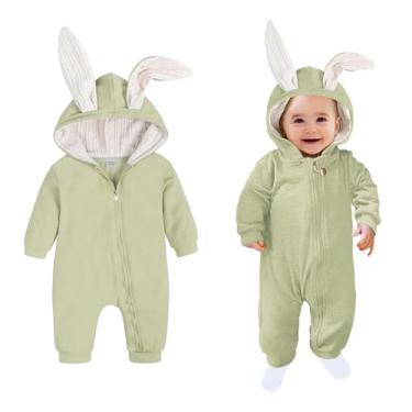 Imagem de AGQT Fantasia de coelhinho para meninos e bebês, roupas de Páscoa, Halloween, macaquinho de orelha de coelho, macacão com capuz, verde claro, tamanho 3-6 meses