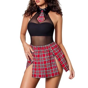 Imagem de Avidlove Conjunto de lingerie sexy feminina Roleplay com abertura na virilha com minissaia vermelha P