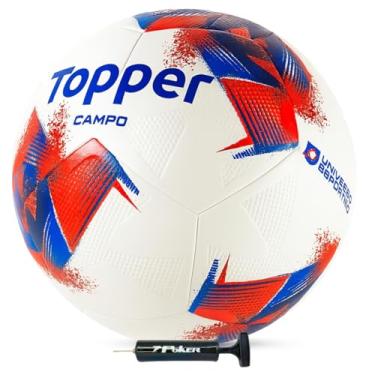 Imagem de Kit Bola Topper Futebol Campo Tamanho 5 Padrão Oficial Profissional Leve Macia Resistente Grama Natural Gramado Jogo Treino Competição + Bomba de Ar Encher Calibrar Compacta Dupla (Bomba Preta)