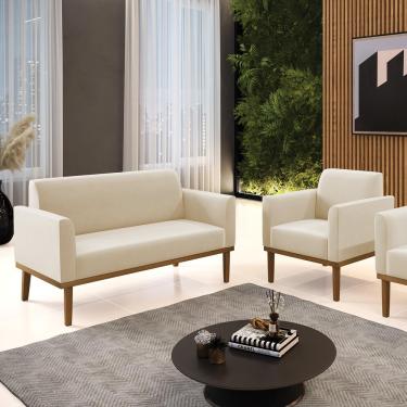 Imagem de Conjunto Poltrona e Namoradeira Decorativa Isabella Pés Fixo em Madeira Castanho Suede Bege G19 - Gran Belo