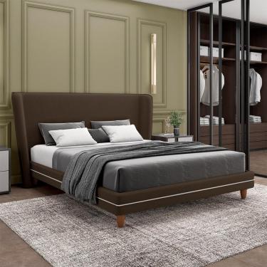 Imagem de Conjunto Cama com Cabeceira Casal Torres Pés em Madeira Veludo Marrom G91 - Gran Belo