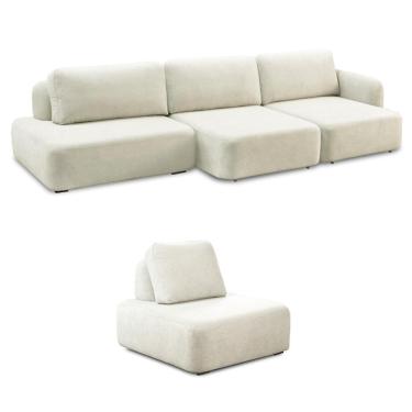 Imagem de Conjunto Sala de Estar 1 Sofá Retrátil Modulado 372cm e 1 Poltrona Santiago Bouclê Branco G89 - Gran Belo