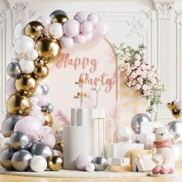Imagem de Kit de arco de balões rosa empoeirados de 129 peças, 12 18 12 12 10 12 10 5 polegadas retrô blush rosa damasco balão de hélio com balões neutros de látex bege ouro branco para aniversário, casamento