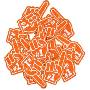 Imagem de 4 peças de adesivos de dia de jogo para fãs de esportes, indicador, dedo número um, remendos bordados para roupas, chapéu, meias, acessórios DIY 7,6 x 4 cm (laranja)