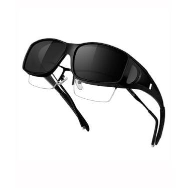 Imagem de Fit Over Óculos de sol feminino masculino polarizado envolver óculos de sol retangulares esportivos óculos de sol para dirigir ciclismo SY6172, Armação preta | Lente preta