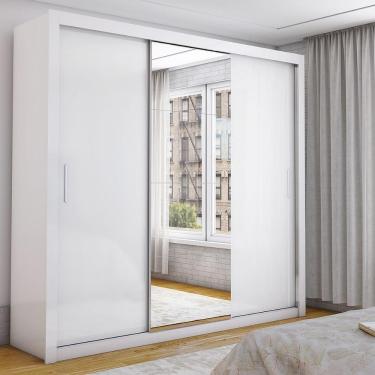 Imagem de Guarda-roupa Casal 3 Portas De Correr Com Espelho 4 Gavetas Luxo Carioca Móveis Branco Branco