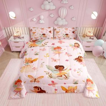 Imagem de Erosebridal Conjunto de cama casal de fadas rosa - Conjunto de edredom fofo floral de borboleta para meninas e crianças, colcha de flores de jardim de fadas | decoração estética de quarto de princesa