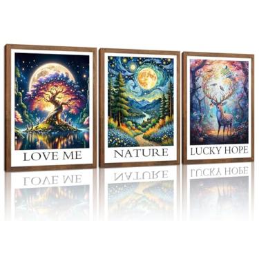 Imagem de Árvore da Vida Céu Estrelado Natal Rena Conjunto de 3, LOVE ME NATURE LUCKY HOPE Impressões em tela inspiradoras, Rudolph Spirit Fantasy Moon Forest, decoração de parede emoldurada para casa 30 x 40
