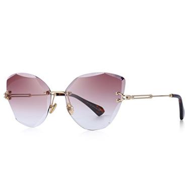 Imagem de Óculos de sol femininos modernos com armação sem aro, Armação dourada/lente gradiente roxa, Lens Width: 60 Millimeters