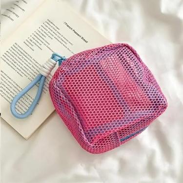 Imagem de Bolsa de maquiagem para bolsa quadrada de malha rosa bolsa cosmética com alça azul, bolso de alta capacidade com compartimento, mini porta-moedas, batom, chave, organizador de cabos para mulheres