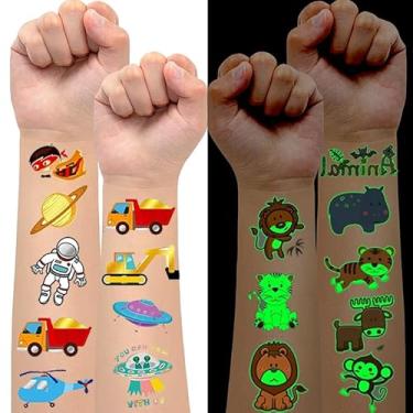 Imagem de 4 folhas de tatuagens temporárias brilhantes + glitter metálico, trator de dinossauro de construção, para suprimentos de festa, lembrancinhas de festa, decorações de festa de aniversário