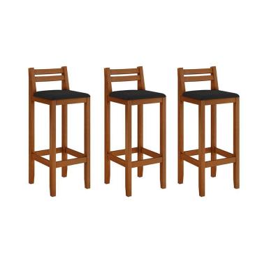 Imagem de Kit 3 Banquetas Em Madeira Maciça Alta 98 Cm Com Encosto Ibiza - Malbec Assento Preto