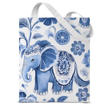 Imagem de Sacola de lona com estampa de elefante tailandês azul para mulheres, estampa de elefante estético, reutilizável, bolsa de ombro para compras, acampamento, trabalho, classe e viagem