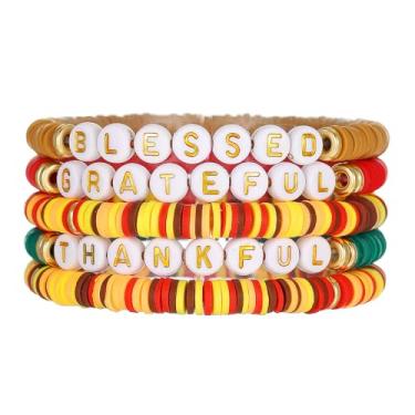 Imagem de Hremhoo Conjunto de pulseiras femininas empilháveis de Ação de Graças com contas coloridas, anel de borracha, disco, folha de bordo, pingente de folha de bordo, pulseiras elásticas de outono