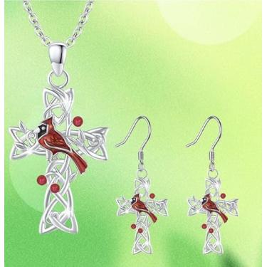 Imagem de Conjunto de colar e brincos de cruz de pássaro cardeal para mulheres, pingente de pássaro vermelho, joia de liga de zinco