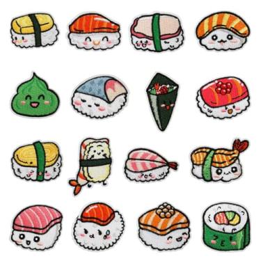 Imagem de 16 peças de adesivos de sushi nigiri inari, adesivos de reparo bordados de comida japonesa para roupas, aplique personalizado de sashimi temaki chirashi para chapéus, jeans, jaquetas, bolsas, mochilas