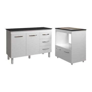 Imagem de Balcão Armário Gabinete Bruna 118 Cm Branco Com Tampo Preto E Balcão Evelyn Para Cookto...