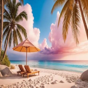 Imagem de Quadro Decorativo Estampa Tropical Praia com Palmeiras e Sombrinhas Cores Vibrantes 50x50cm