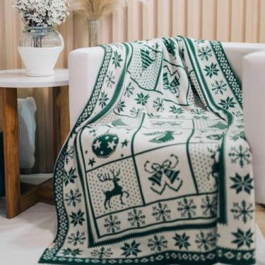 Imagem de Manta Sofa, Manta Natalina Decorativa Tricot Macia Desenho com Árvore de Natal Dupla Face(155x95cm)(VERDE OLIVE)