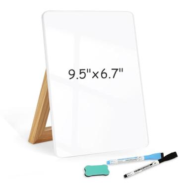 Imagem de WALGLASS Quadro branco de vidro de mesa 24 cm x 17 cm com suporte de madeira reversível, quadro pequeno apagável a seco, quadro branco portátil para mesa, bloco de notas de mesa reutilizável com 2