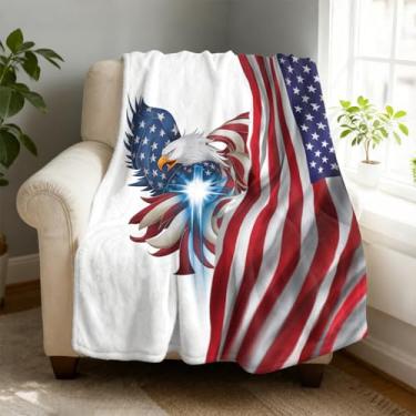 Imagem de Cobertor de lã de águia com bandeira americana branca 152 x 203 cm para sofá cama, cobertor de flanela de microfibra super macio e aconchegante leve para mulheres, homens e crianças