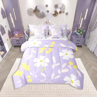 Imagem de Erosebridal Jogo de cama solteiro com margarida fofa, tamanho solteiro, amarelo, branco e roxo, para crianças, mulheres, conjunto de cama floral descolada em uma bolsa, para todas as estações