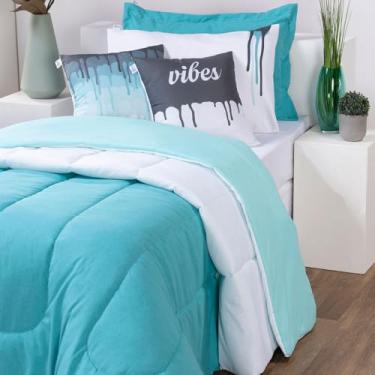 Imagem de Colorful Kit Edredom Solteiro Premium, 5 Peças, 400 Fios, com Fronhas Decorativas e Porta Travesseiro (Verde)