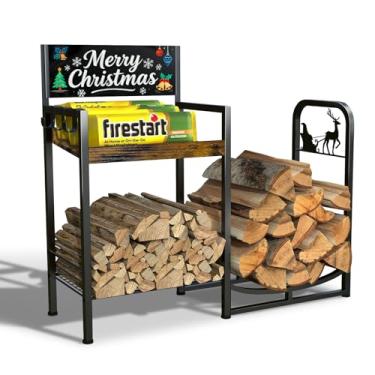 Imagem de YIYYZI Suporte para lenha, suporte decorativo de madeira de 89 cm com padrão de Natal, suporte de madeira de ferro sólido para uso interno e externo para lareira e armazenamento de madeira com 3