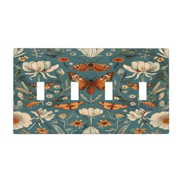 Imagem de DWBGUO Capa decorativa de placa de interruptor com borboleta rústica flor branca em fundo azul, placa de parede artística de 4 gangues, capas exclusivas para interruptor de luz quádrupla para
