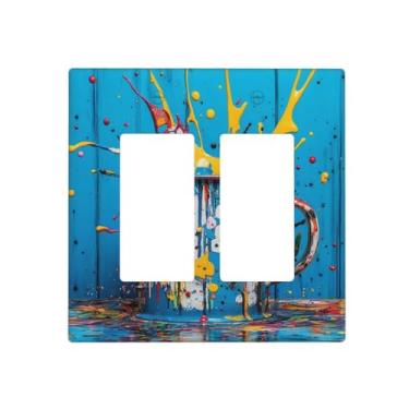 Imagem de LuHuoLu Capas de tomada decorativas, respingos de tinta colorida, prancha de madeira azul, placa de parede para 2 grupos, balancim duplo, dois interruptores, placa frontal jumbo dupla GFCI para