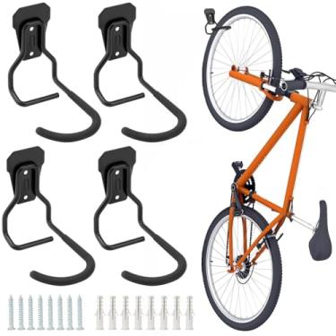 Imagem de 4 pacotes de ganchos de parede de bicicleta resistentes com capacidade de carga de 35 a 45 kg, suportes verticais de armazenamento de bicicleta para garagem, canto de galpão, inclui acessórios de
