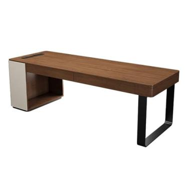 Imagem de Mesa de trabalho Mesa de trabalho moderna e minimalista madeira maciça com tomadas carregamento, cor nogueira, mesa para escritório doméstico 2 gavetas(S)
