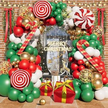 Imagem de Kit de arco de balão de Natal, 125 peças, guirlanda de balão de látex dourado, vermelho, branco, verde, 125 peças, decorações de festas de fim de ano internas com bengala doce, caixa de presente