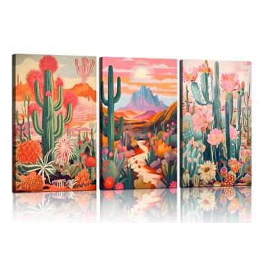 Imagem de Arte de parede em tela de cacto emoldurada verde rosa laranja planta floral decoração de parede imagens coloridas sudoeste rústico pintura paisagem deserto impressões de pôster para sala de estar