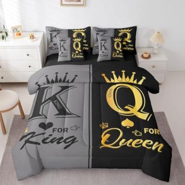 Imagem de Erosebridal Conjunto de edredom queen para casal, preto, cinza, para adultos, homens e mulheres, com coroa King e Queen, Sr. Mrs, His Her Bed in A Bag, conjunto de lençol romântico para presente de